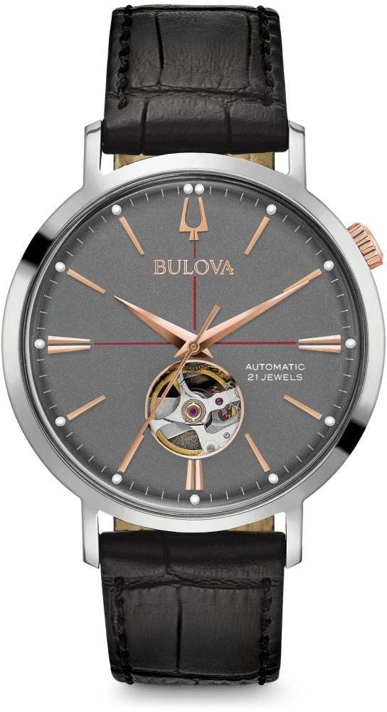 Bulova Men's Classic Aerojet 3-Hand Automatic Leather Strap Watch, Open Aperture, 40-Hour Power Reserve, Double Curved Mineral C