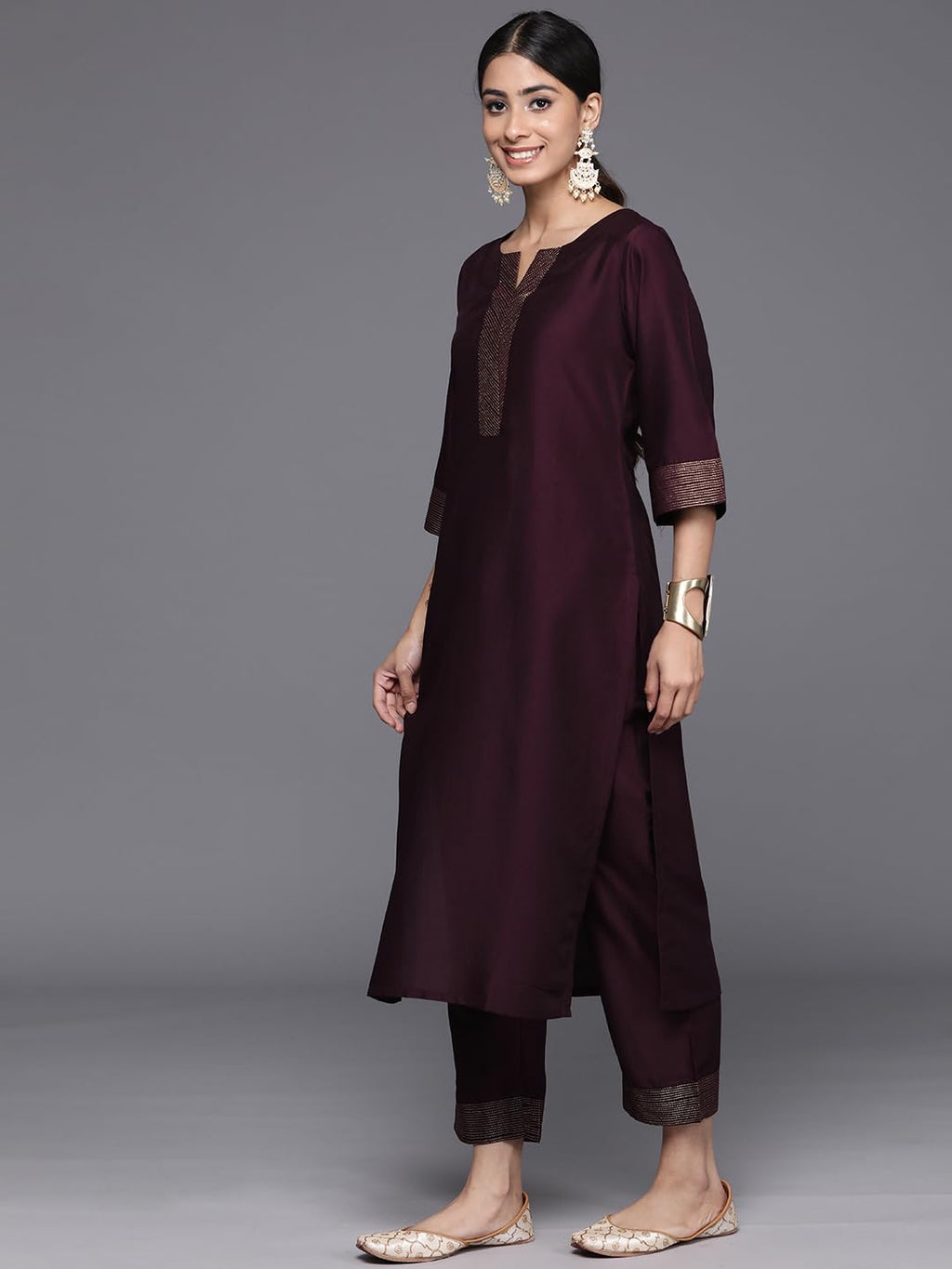 Libas Womens Solid Silk Blend Straight Kurta With Trousers
