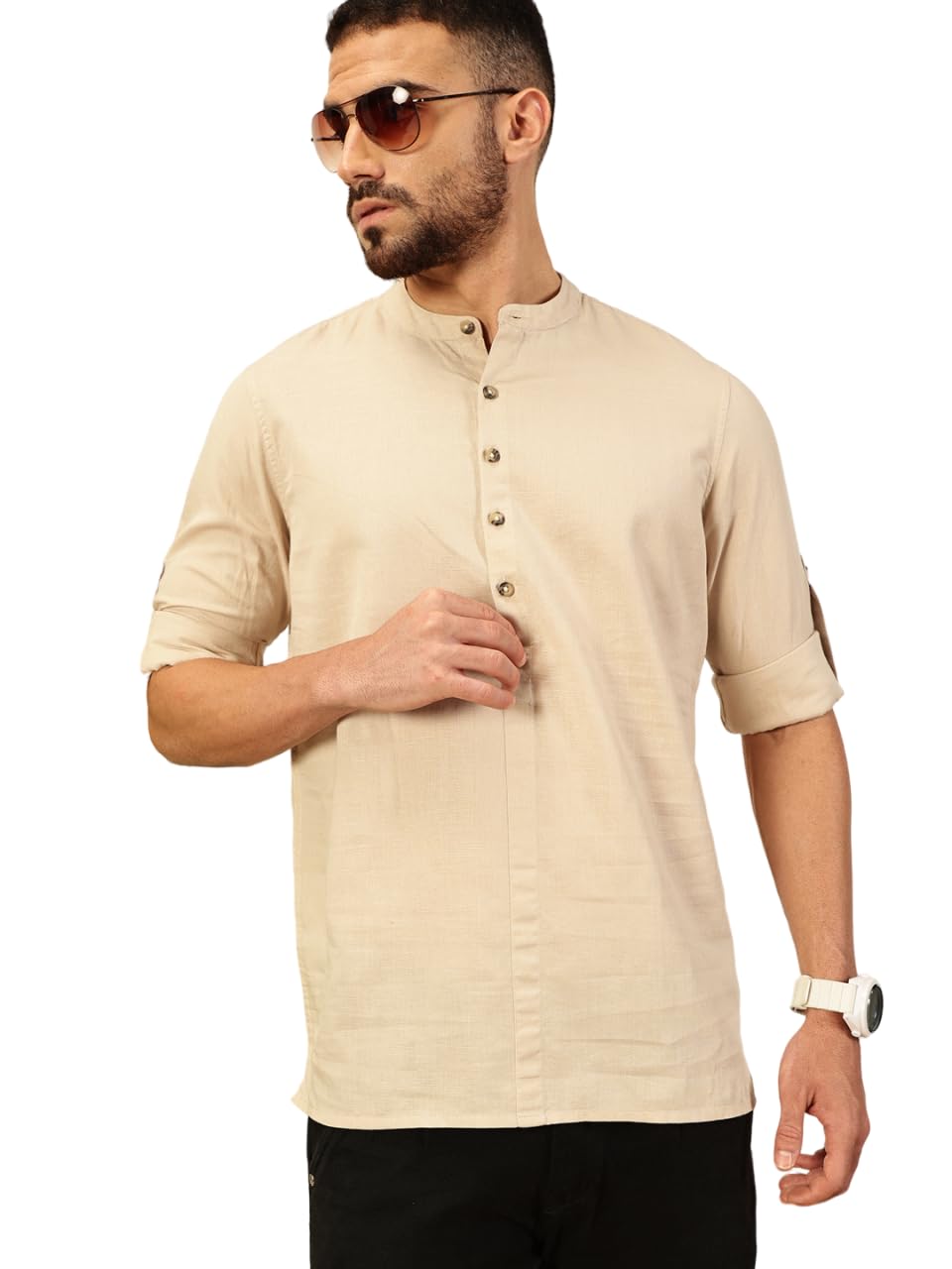 Thomas Scott Mens Linen Solid Kurta Shirt (Ts1529_Lightbeige_Xl) Light Beige