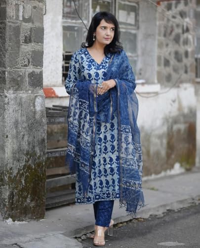 Alvami Women Kurta and Pant Set with Dupatta (XL) Blue