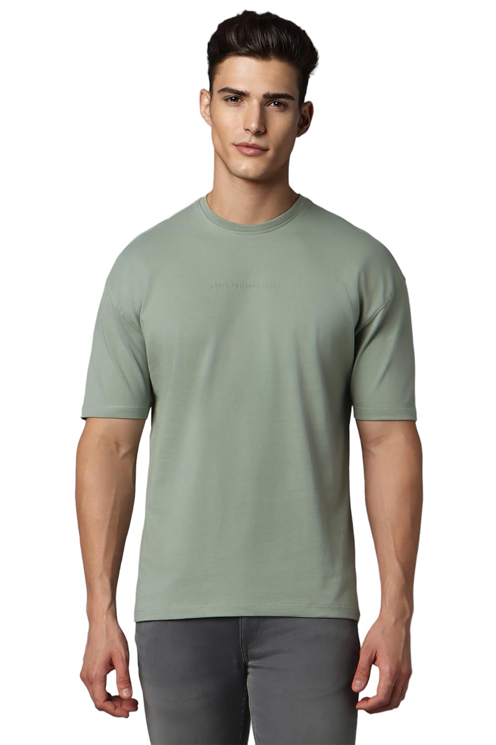 Louis Philippe Men Green Solid Oversized Crew Neck T-Shirt