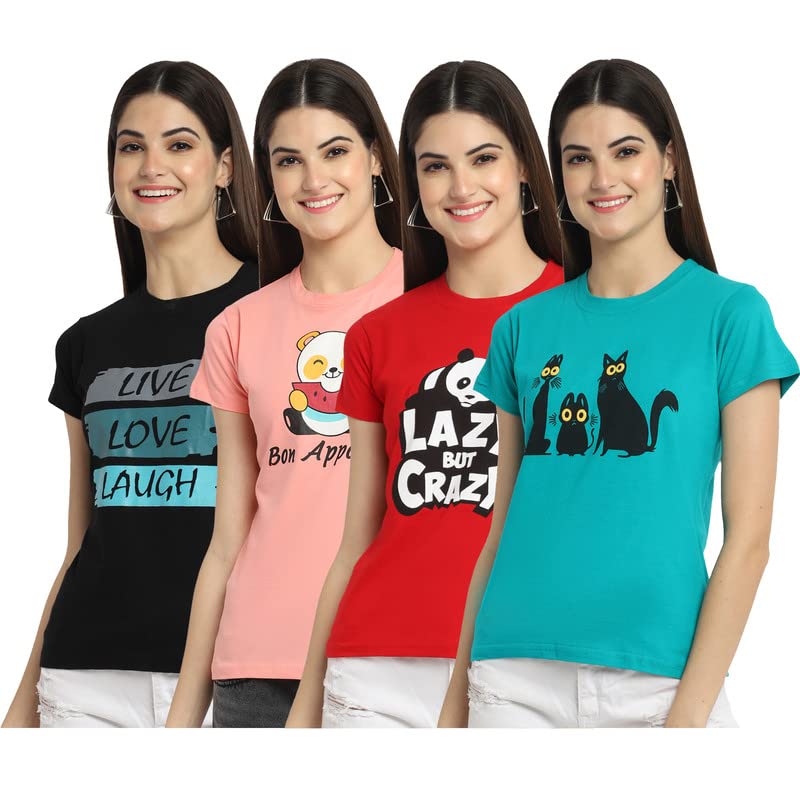 Preneum Womens Cotton Regular Fit Latest Graphic Stylish Printed Short Sleeves Casual T-Shirt || Latest Style (Pack 4), Black &