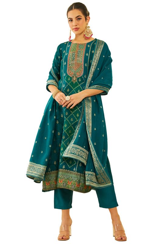 Soch Women Brocade Kantha Print Suit Set with Cutdana Work