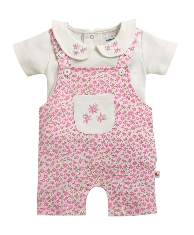 BUMZEE Baby Girls Cotton Peter Pan Collar Neck Half Sleeves Floral Print Dungaree Set With Inner Tee Sky Blue & White - 6-9 Mont