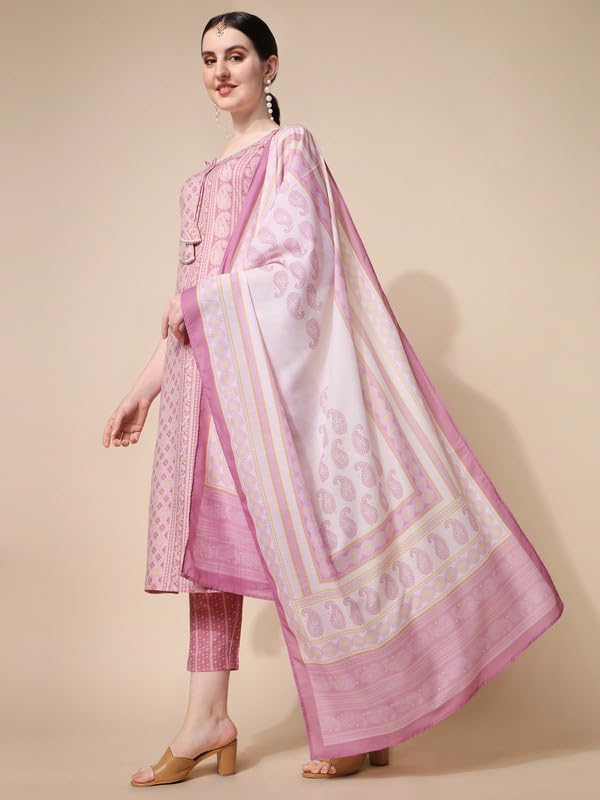 Nainvish Cotton Blend Kurti Pant & Dupatta | Kurta Set For Women | Women Kurta Pant Dupatta Set | Pink Kurta Set For Women | Printed Kurta Pant Dupatta Set