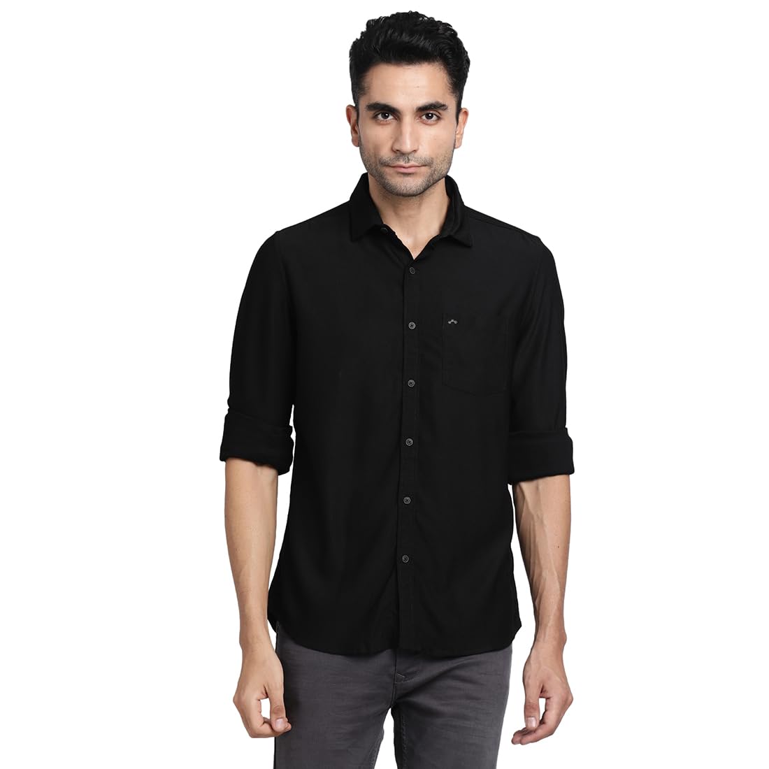 Turtle Men Cotton Stretch Slim Fit Black Solid Casual Shirt