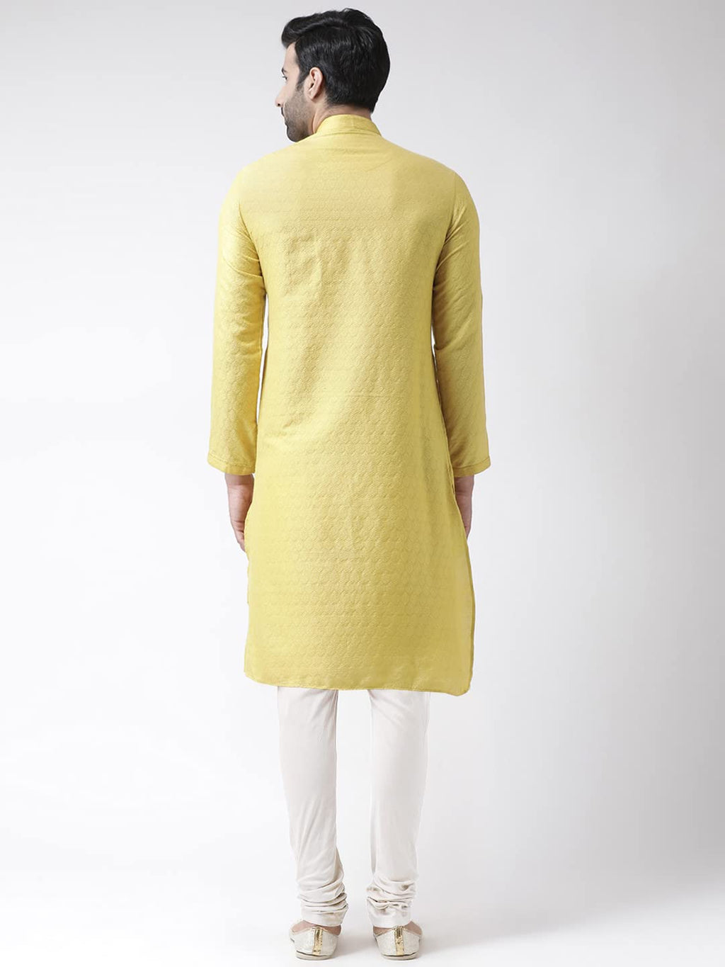 Kisah Men Yellow White Self Design Kurta With Churidar, Full Sleaves, Knee Length, Straight, Regular Fit, Mandarin Collar Ethnic