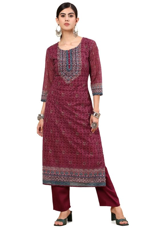 Soch Womens Wine Print With Embroidery Georgette Kurta Set With Sequins