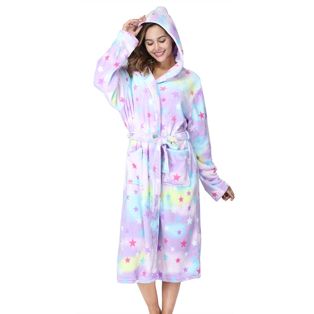 RONGTAI Womens Robes Plush Fleece Print Star Hooded Bathrobe Thick Nightgown with Pockets Fluffy Sleepwear XX-Large
