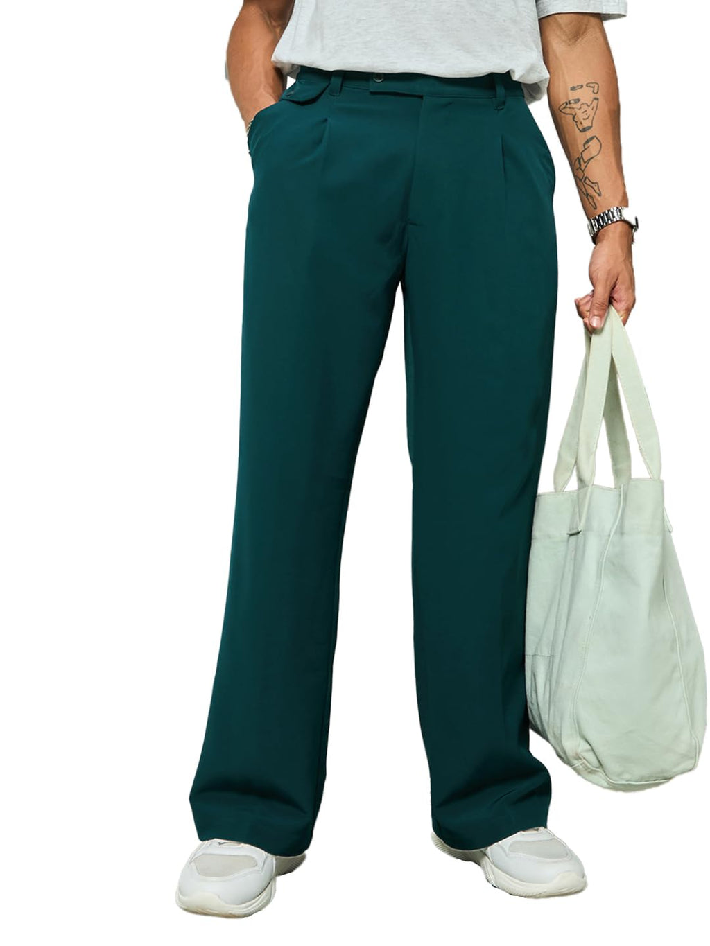 Bewakoof Mens Solid Wide Leg Polyester Blend Korean Pant_633827_Blue_M