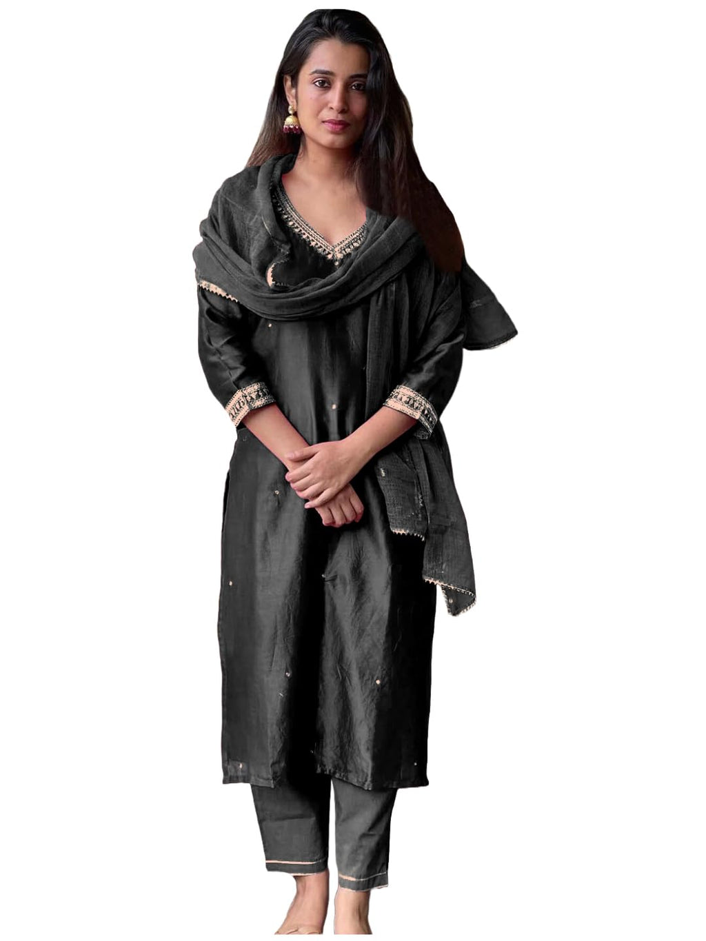 ANNI DESIGNER Womens Rayon Blend Kurta with Pant & Dupatta (BAGICHA-Rani_Black_X-Large)