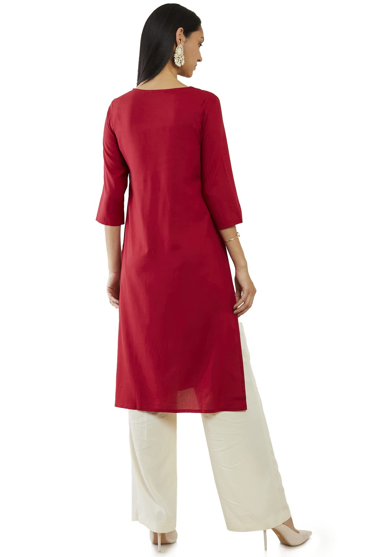 Soch Women Maroon Rayon Embroidered Kurta
