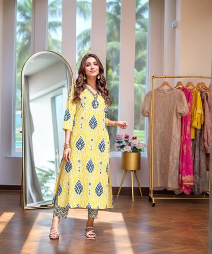 ANNI DESIGNER Womens Rayon Viscose Straight Printed Kurta with Pant (Bechari Yellow_XL_Yellow_X-Large)