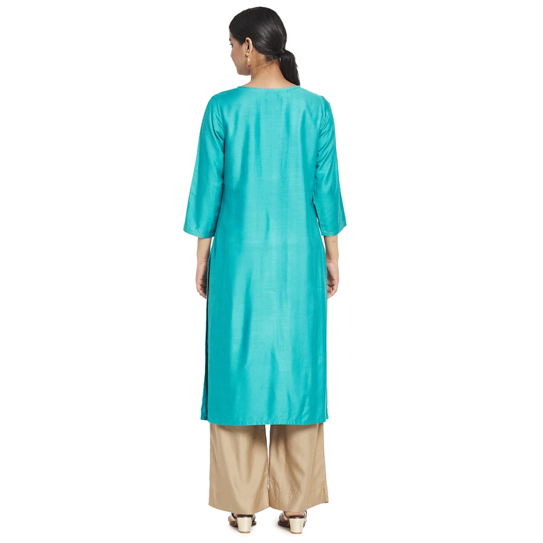 Fabindia Women Viscose Silk Long Kurta Turquoise