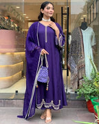ANNI DESIGNER Womens Rayon Blend Anarkali Embroidered Kurta with Pant & Dupatta (Ranibai Blue_XL_Blue_X-Large)