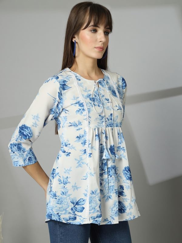 OOMPH! Lace Border,Kashmiri Tunic Top, Short Kurti for Women on Jeans, V-Neck, 3/4 Sleeve, Floral Design Blue