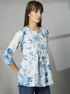 OOMPH! Lace Border,Kashmiri Tunic Top, Short Kurti for Women on Jeans, V-Neck, 3/4 Sleeve, Floral Design Blue