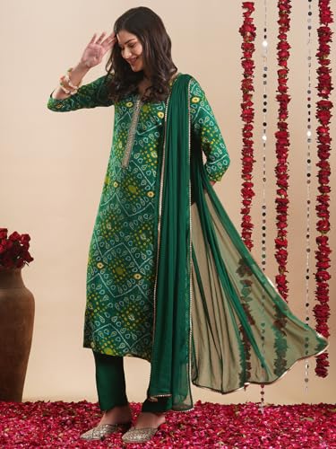 ANNI DESIGNER Womens Rayon Blend Straight Bandhej Printed Kurta with Pant & Dupatta (TURAE GREEN-VKS04_L_Green_Large)