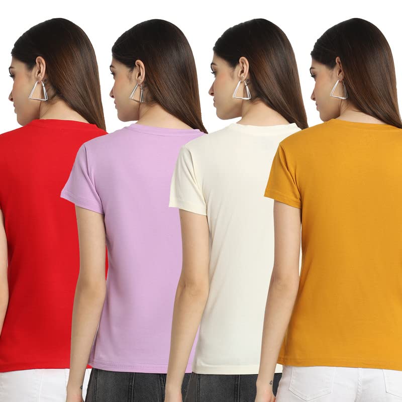 Preneum Womens Cotton Regular Fit Latest Graphic Stylish Printed Short Sleeves Casual T-Shirt (Pack 4), Red & Purple & Off Whit