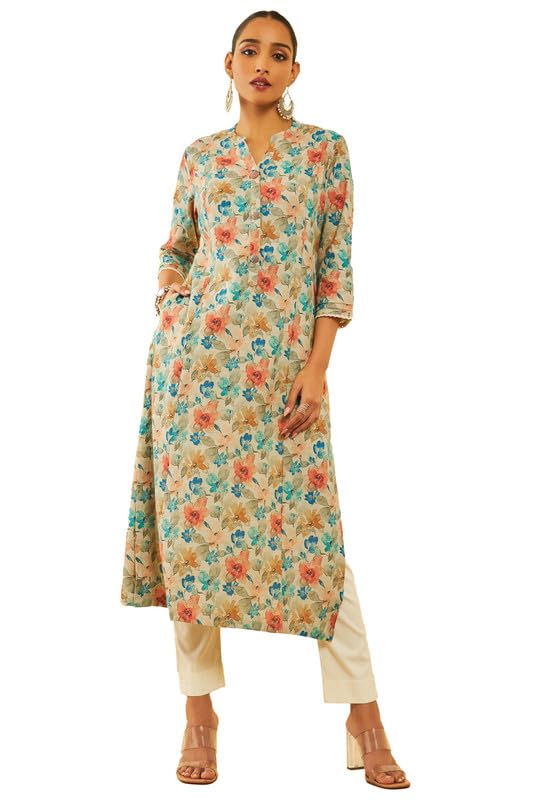 Soch Womens Beige & Green Linen Floral Printed Kurta With Lace Details