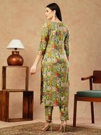 ANNI DESIGNER Womens Cotton Blend Straight Printed Kurta with Pant (ING 10 Green_L_Green_Large)