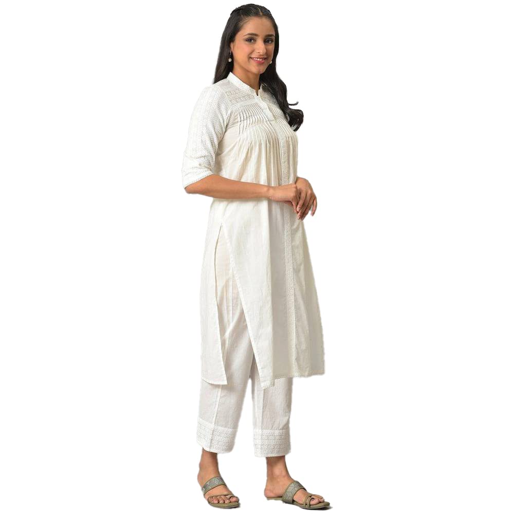 Aurelia Embroidered White Cotton WomenS Kurta And Trousers Set