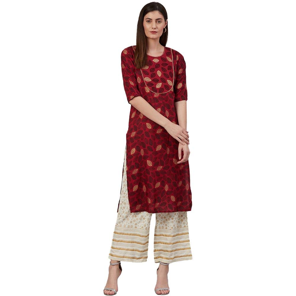 Anubhutee Women'S Rayon Maroon Floral Printed Straight Kurta Suit Set With Palazzo