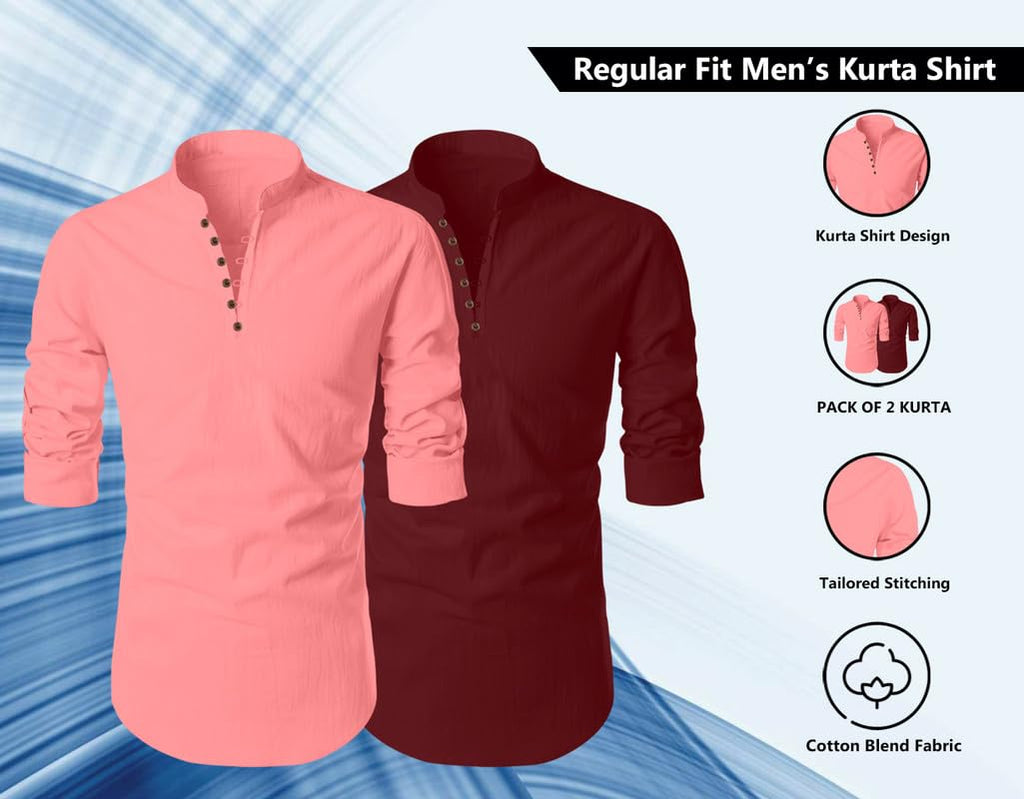 Finivo Fashion MenS Cotton Blend Regular Fit Solid Casual Kurta Shirt Pack Of 2