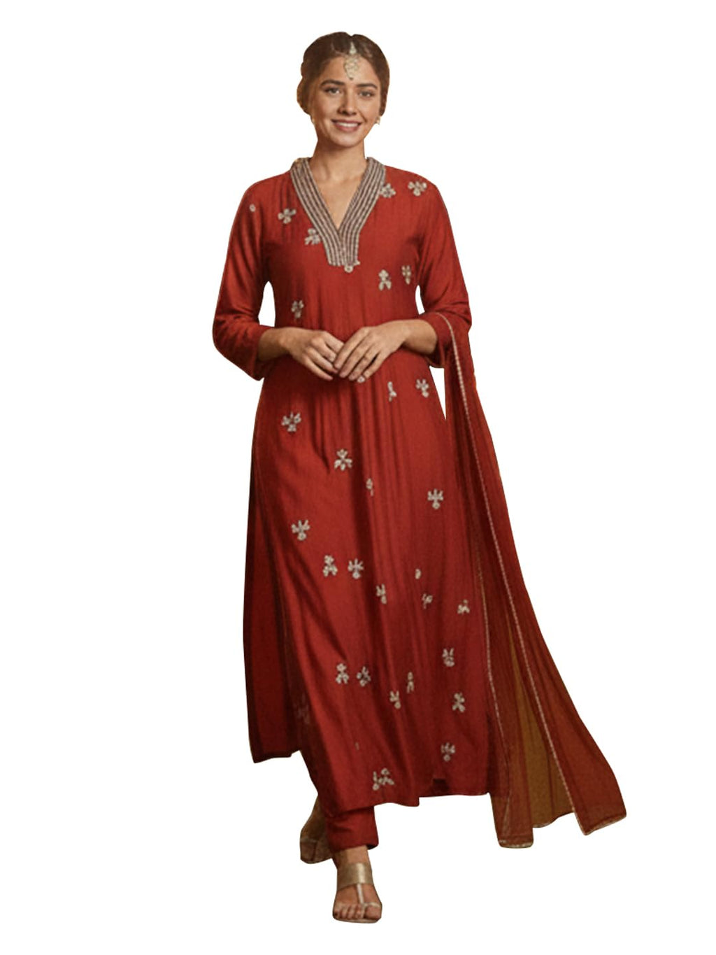 ANNI Designer Womens Viscose Silk Anarkali Embroidery Kurta with Pant & Dupatta (NADAN RUST-VKS02_S_Rust_Small)