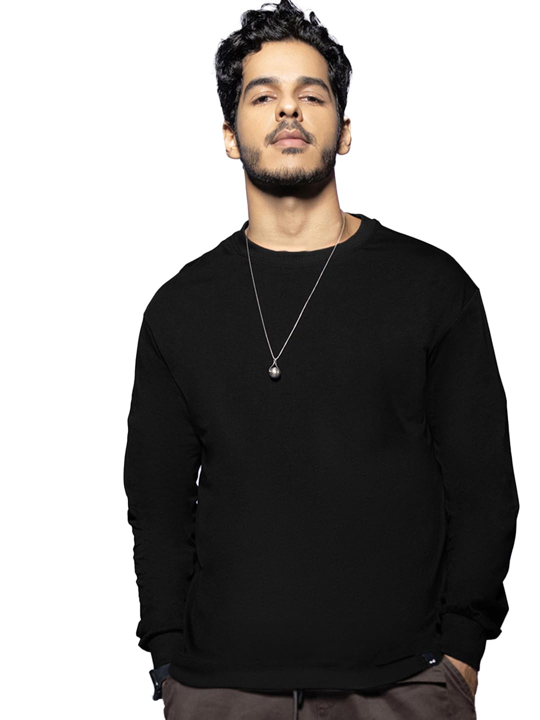 Bewakoof Mens Solid Black Round Neck Full Sleeve Oversized T-Shirt