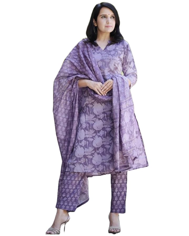ANNI DESIGNER Womens Cotton Blend Straight Printed Kurta with Pant & Dupatta (Harana Blue_L_Blue_Large)