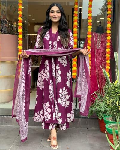ANNI DESIGNER Womens Rayon Blend Anarkali Printed Kurta with Pant & Dupatta (Jasiwal Wine_M_Wine_Medium)