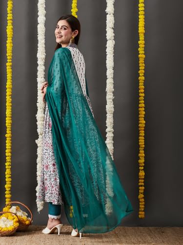 ANNI DESIGNER Womens Cotton Blend Anarkali Printed Kurta with Pant & Dupatta (TOKI White_M_White_Medium)