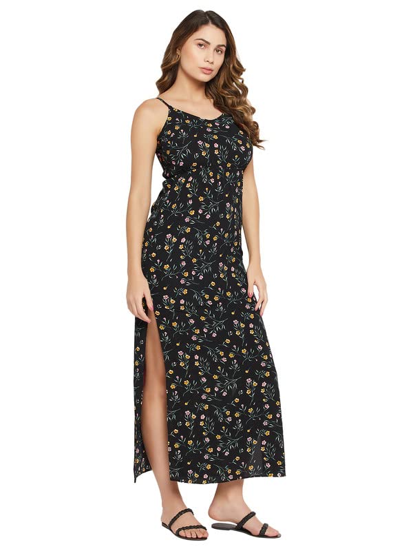 Clovia Women'S Crepe Pretty Florals Resort Wear Dress (Rw0069P13_Black_S)