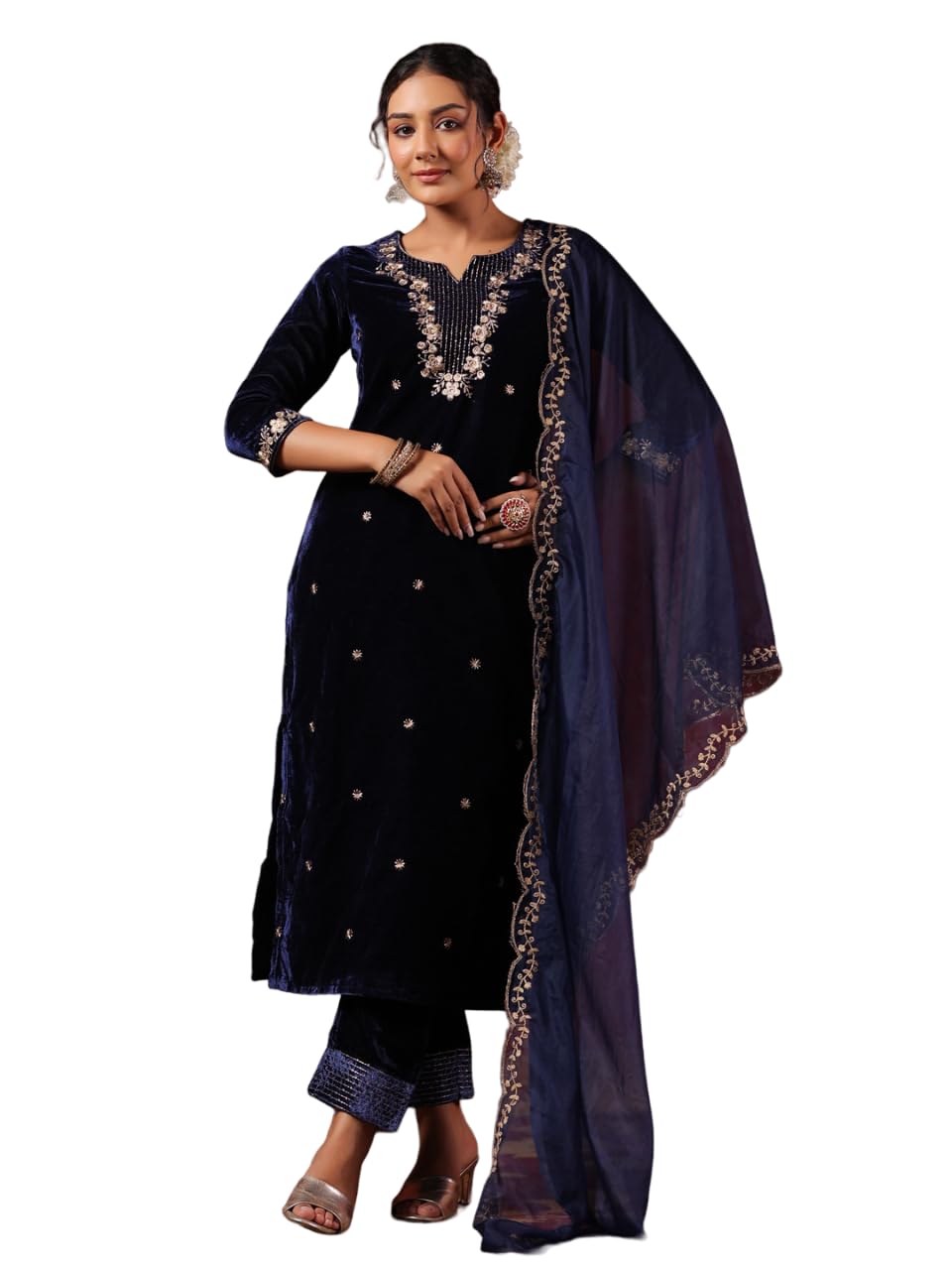 ishin Womens Velvet Embroidered Navy Blue Straight Kurta Suit Set with Trousers and Dupatta