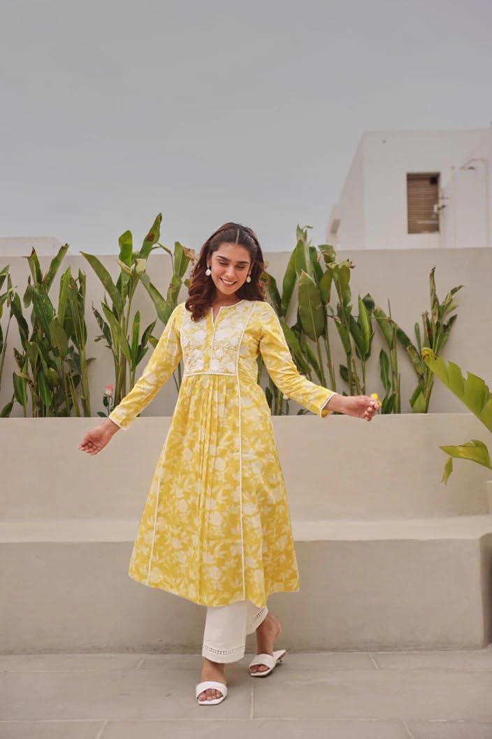 ANNI DESIGNER Womens Rayon Blend Anarkali Embroidered Kurta (RUPINI Yellow_L_Yellow_Large)