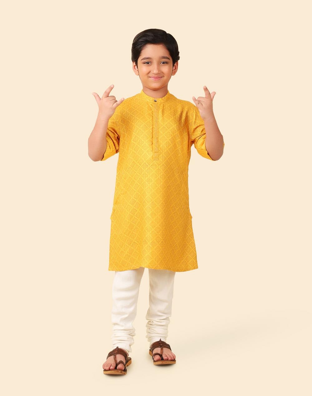 Fabindia Boys Viscose Blend Printed Regular Fit Long Kurta (1032820YELLOW_Yellow