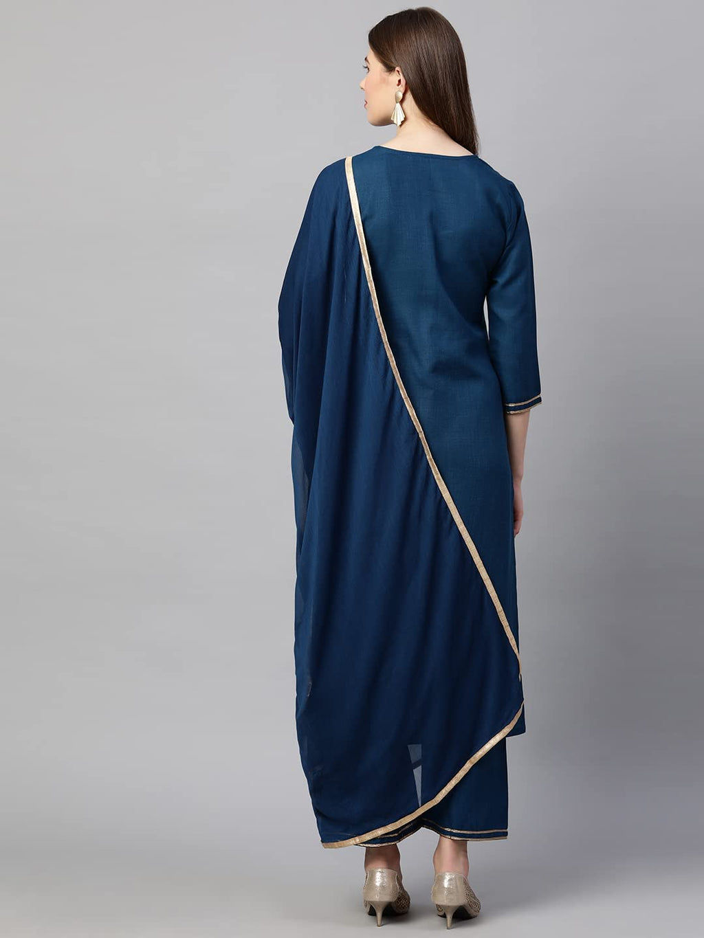 ANNI DESIGNER Womens Ruby Cotton Solid Straight Kurti with Palazzos & Dupatta Set (Label Cerosin_S_Blue_Small)