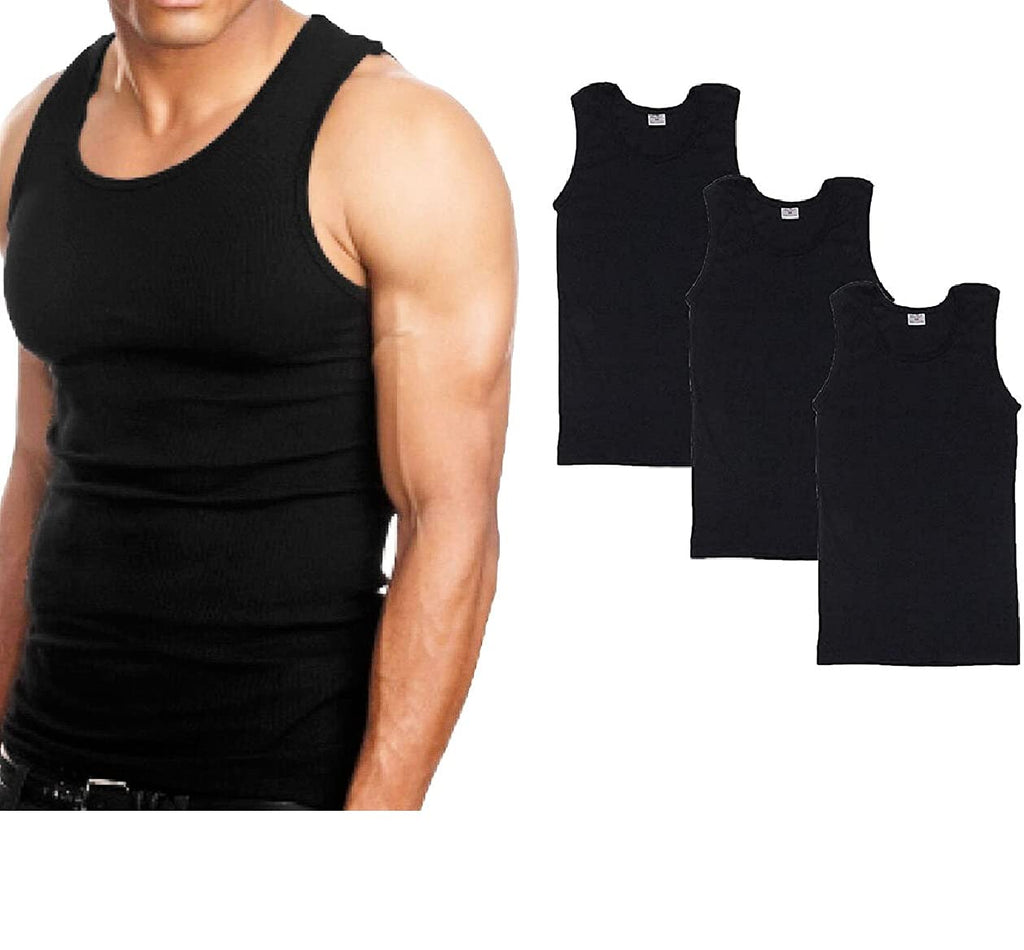 Goyoma 3 Packs Mens 100% Cotton Tank Top White/Black Wife Beater A-Shirt Undershirt (S, Black)
