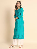 VAIRAGEE Womens Rayon Straight Cut Round Neck Kurta with Beautiful Lucknowi Chickenkari Work (1593) Sea Green