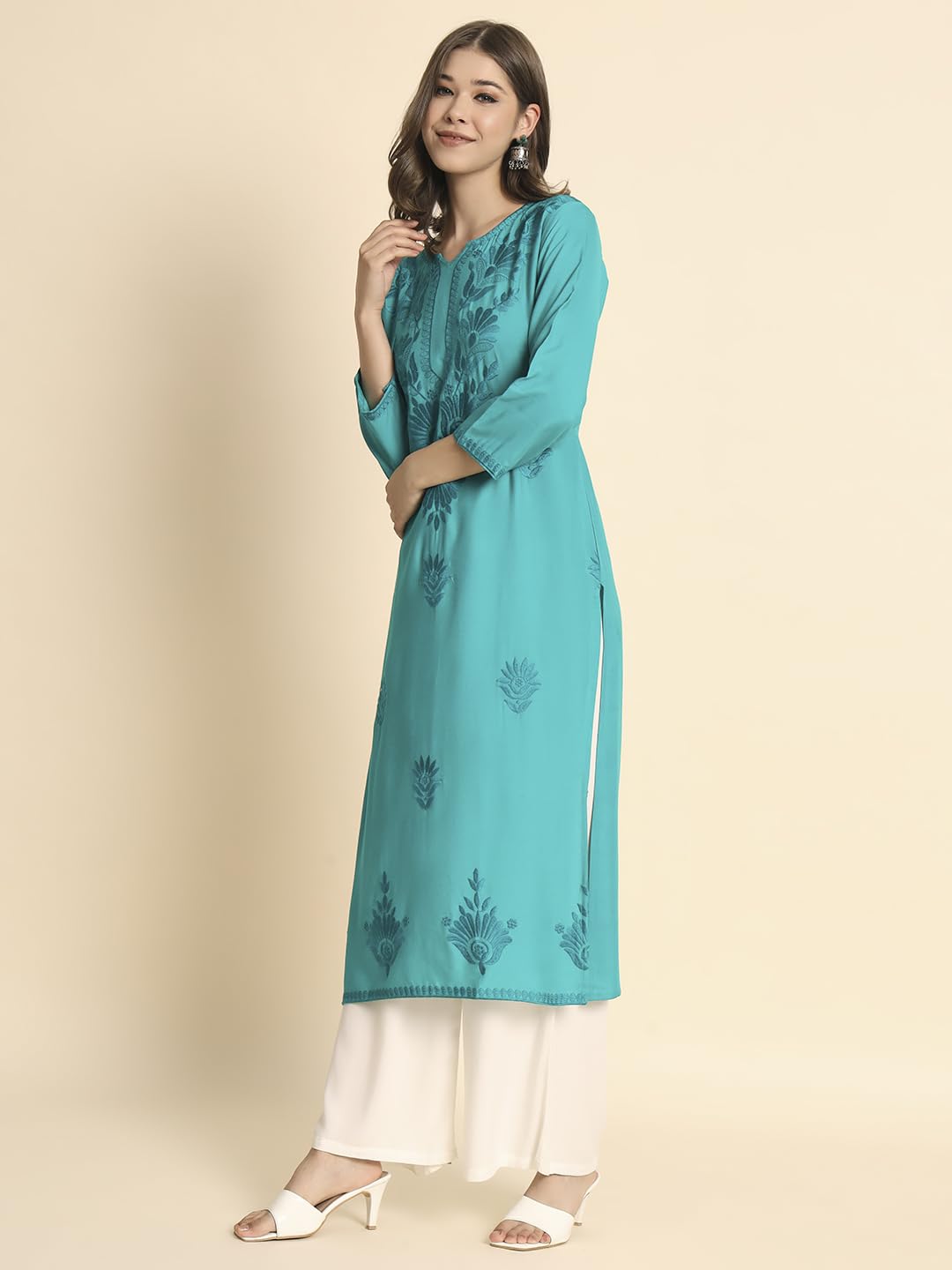 VAIRAGEE Womens Rayon Straight Cut Round Neck Kurta with Beautiful Lucknowi Chickenkari Work (1593) Sea Green