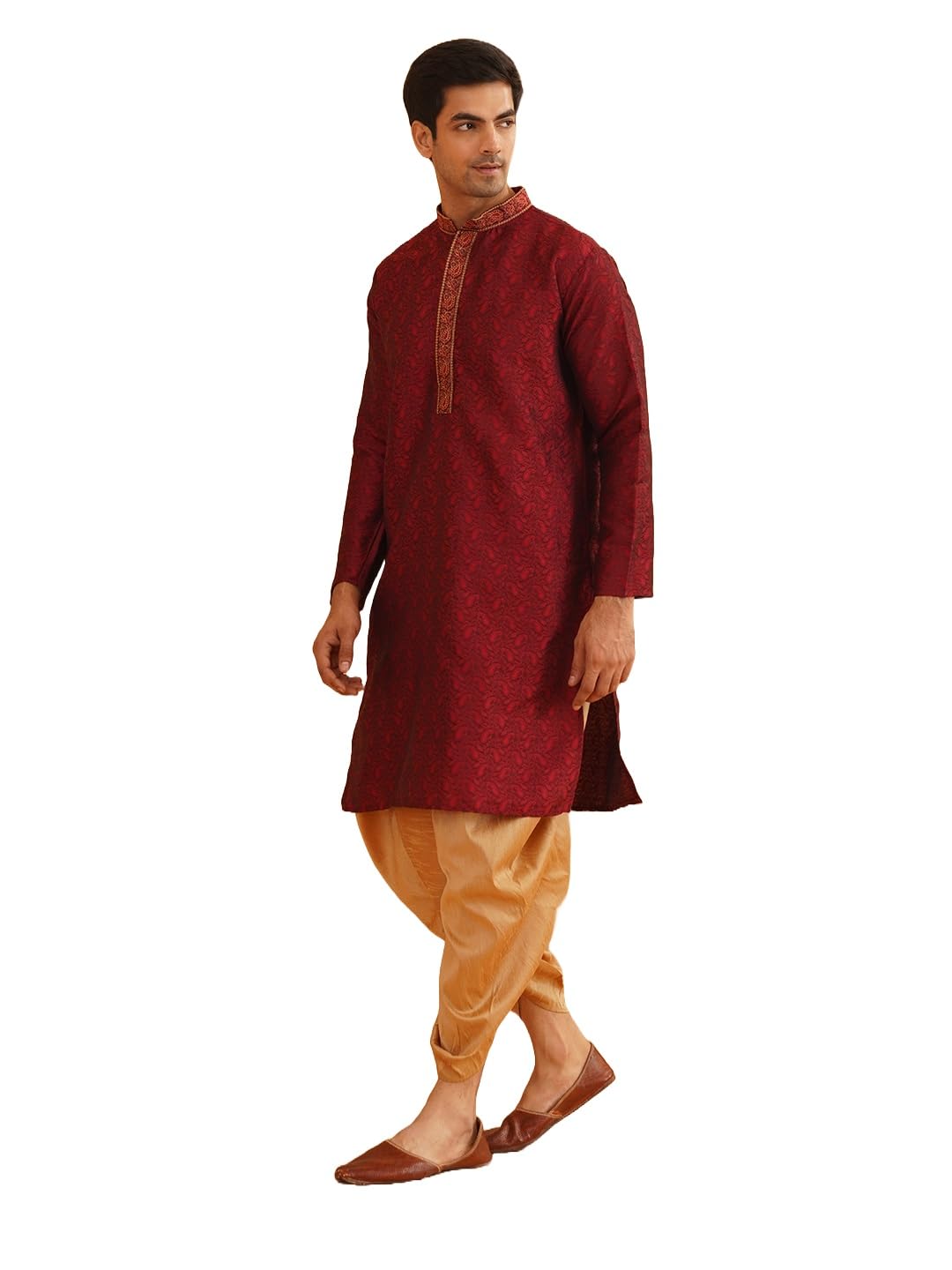 SOJANYA (Since 1958 Mens Silk Blend Paisley Maroon Kurta with Gold Dhoti Set