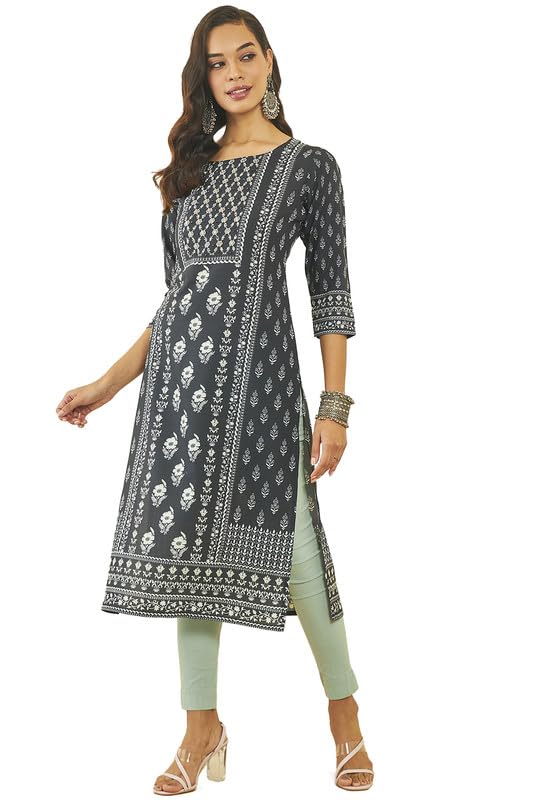 Soch Womens Black Muslin Botanical Print Straight Kurta With Sequin Embellishments