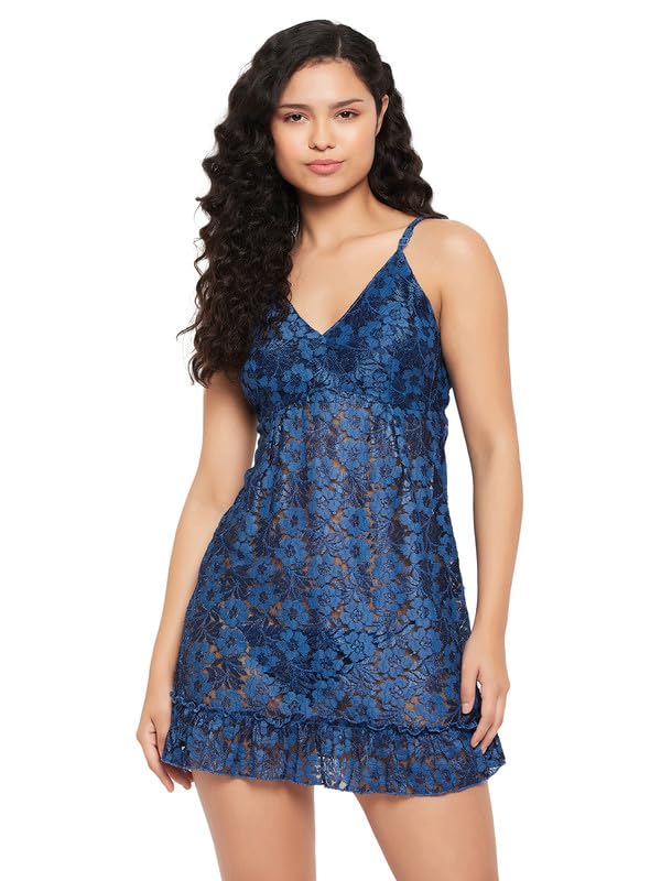 Clovia Womens Lace Solid Sheer Babydoll (NS1383D08_Navy Blue_XXL)