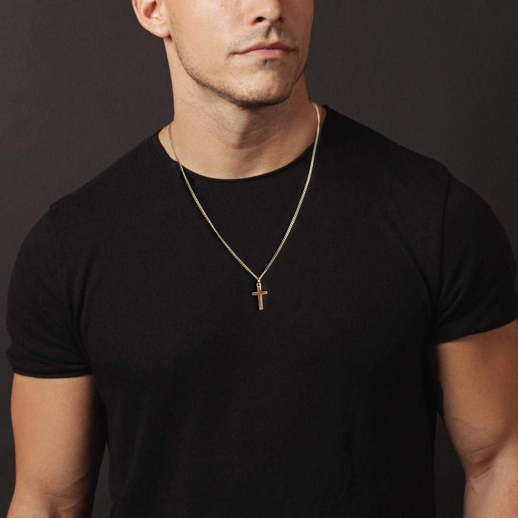 Joxevyia Small Cross Necklace for Boy 14K Gold Filled Stainless Steel Cross Pendant with Cuban Chain Necklace Simple Faith Jewel