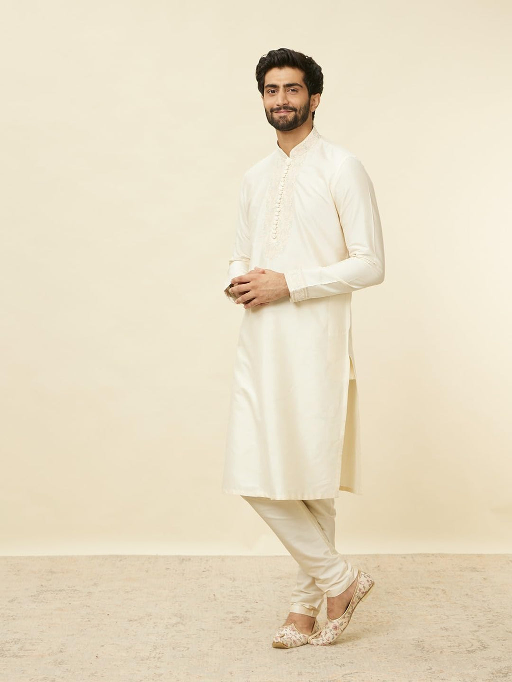 Manyavar Mens Cream Blended Viscose Self Design Kurta Pyjama Set