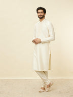 Manyavar Mens Cream Blended Viscose Self Design Kurta Pyjama Set