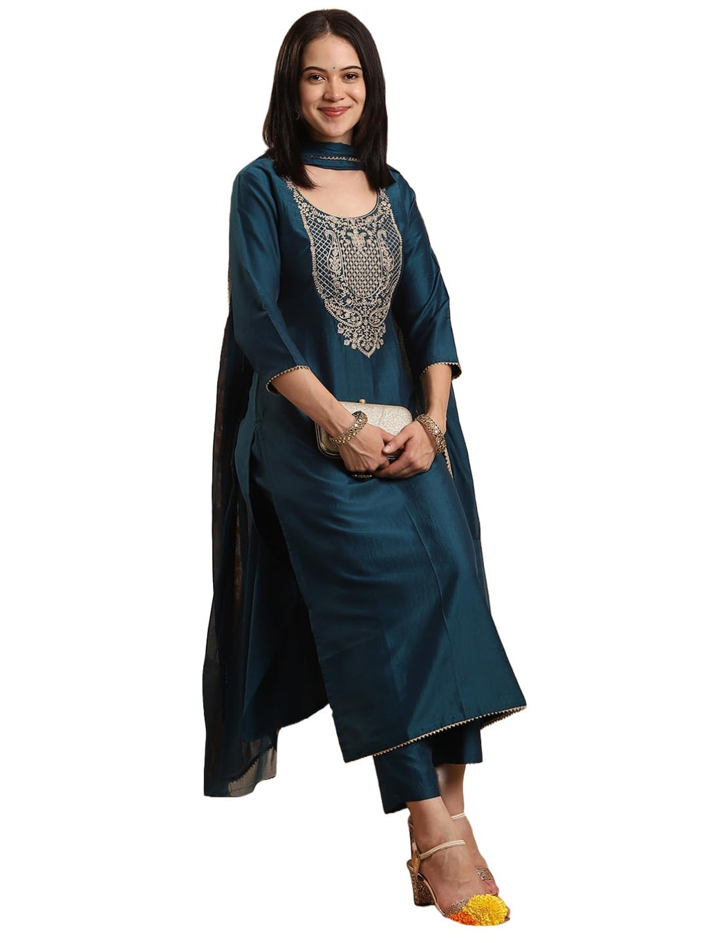 ANNI DESIGNER Womens Rayon Viscose Straight Embroidered Kurta with Pant & Dupatta (SIKAND CEROSIN-VKS01_S_Dark Blue_Small)