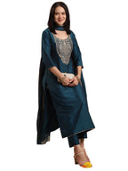 ANNI DESIGNER Womens Rayon Viscose Straight Embroidered Kurta with Pant & Dupatta (SIKAND CEROSIN-VKS01_S_Dark Blue_Small)