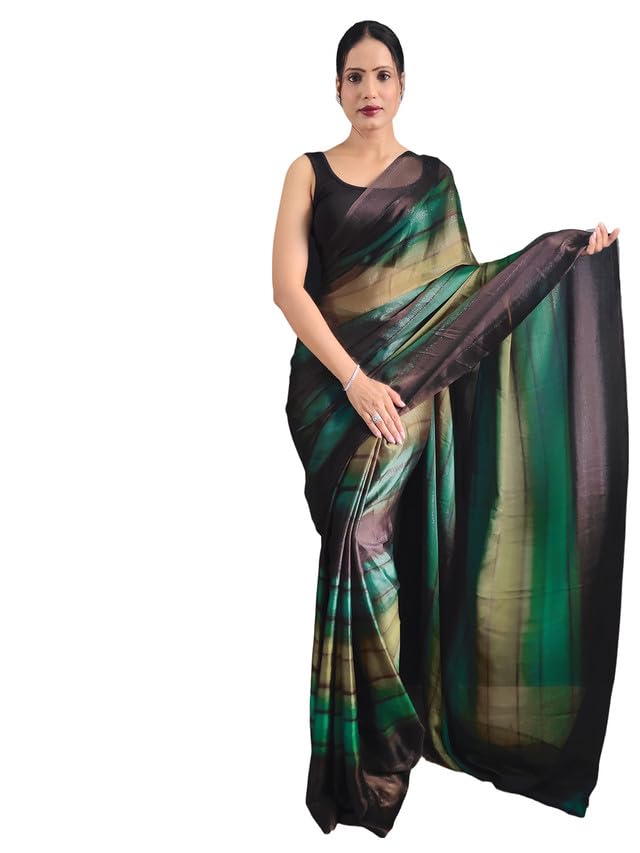 Satrani Womens Georgette Printed & Ready To Wear Saree with Unstitched Blouse Piece (3374S365NA_Mehandi Green &Bottle Green &Bl